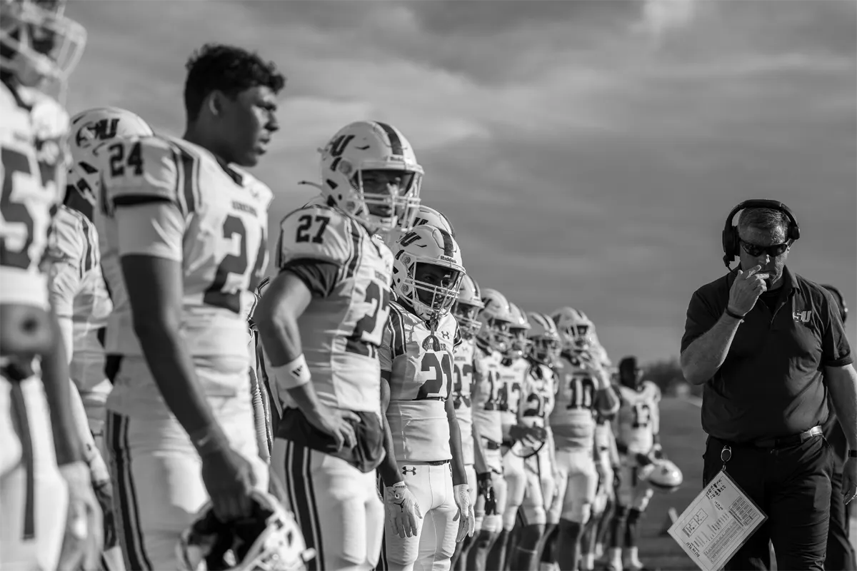 Schreiner University football players lined up 